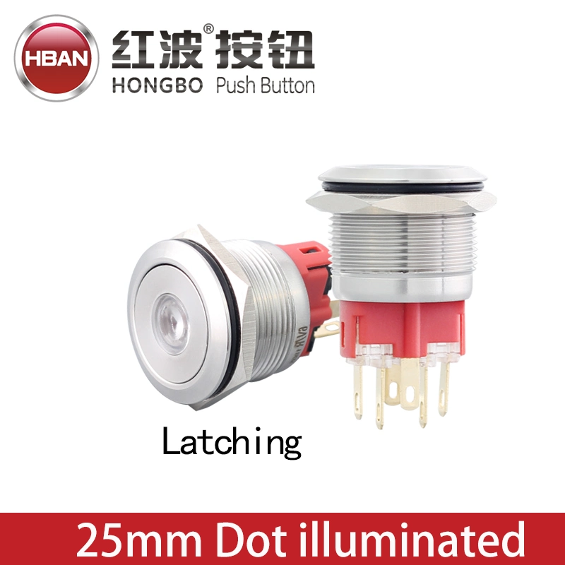 Latching Pin Terminal Push Button 25mm Stainless Flat Head DOT Illuminated Switch