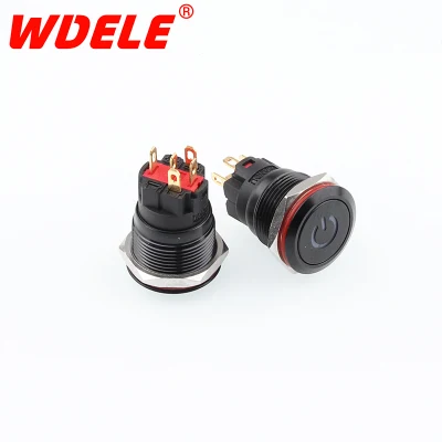 Wdele 19mm 검정색 방수 LED 플랫 헤드 라이트 전원 기호 라이트/푸시 버튼 스위치